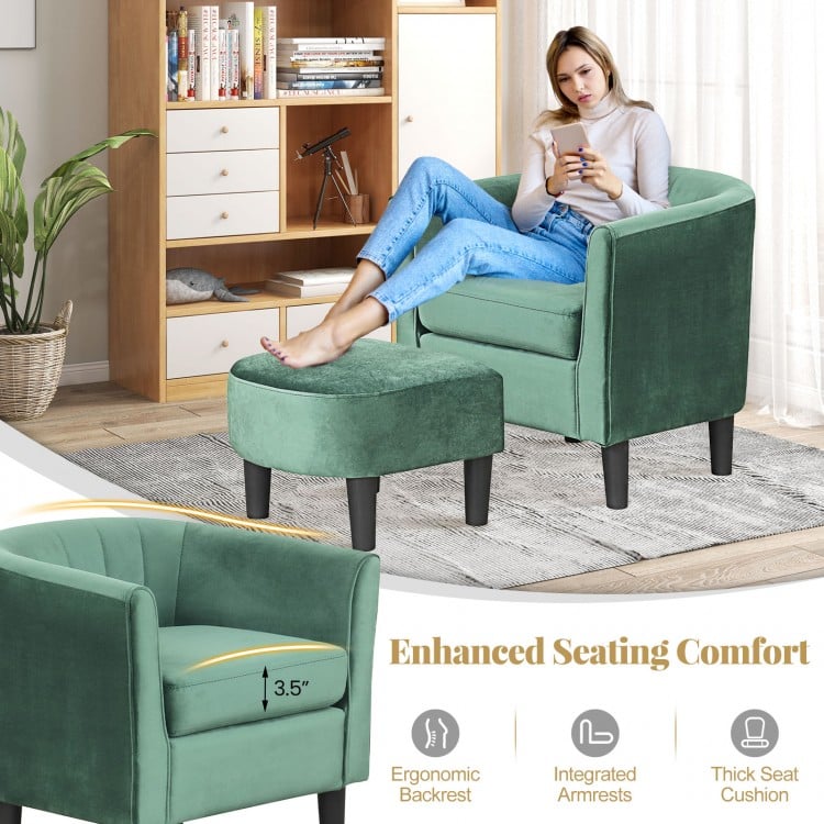 Green upholstered teddy velvet club barrel chair with ottoman, featuring ergonomic backrest and integrated armrests for.