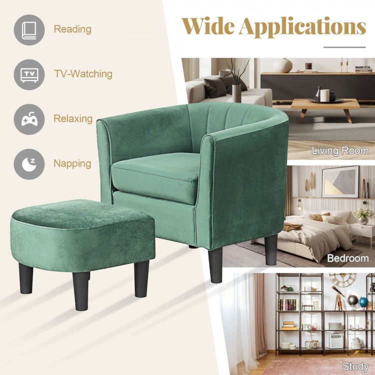 Upholstered green teddy velvet club barrel chair with ottoman, ideal for living room or bedroom relaxation.