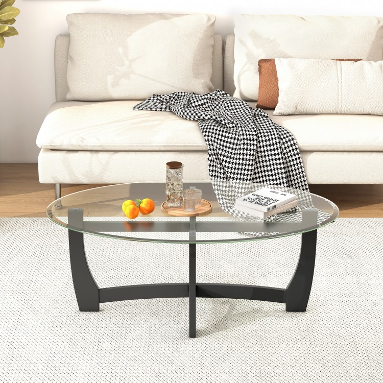 Oval coffee table featuring a sleek tempered glass tabletop and rubber wood legs, designed for modern living room.