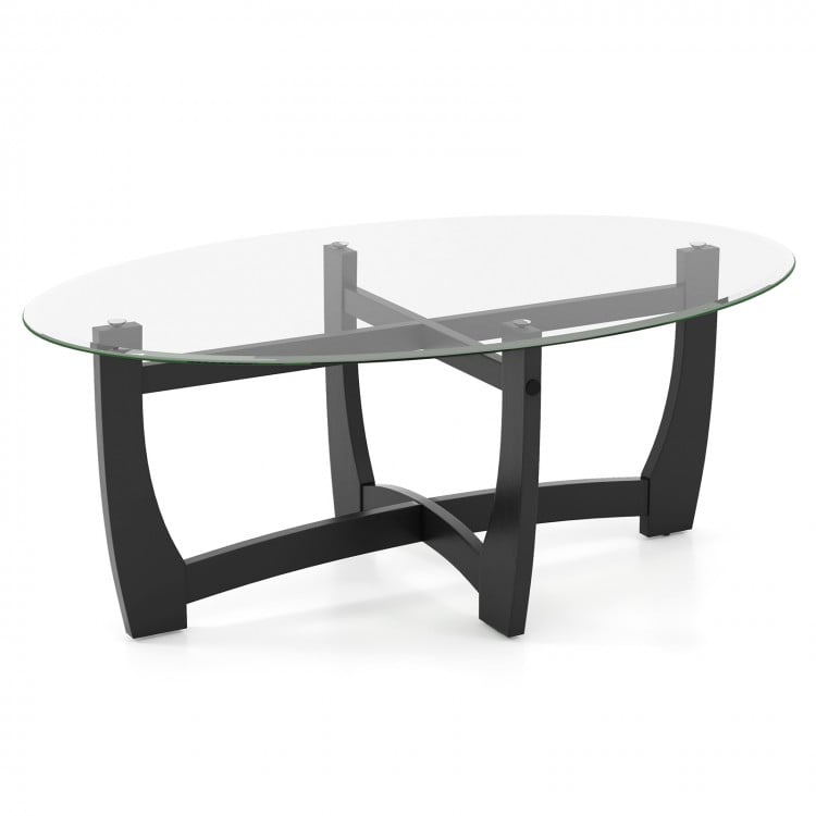 Oval coffee table with tempered glass top and black rubber wood legs, ideal for living room or study use.