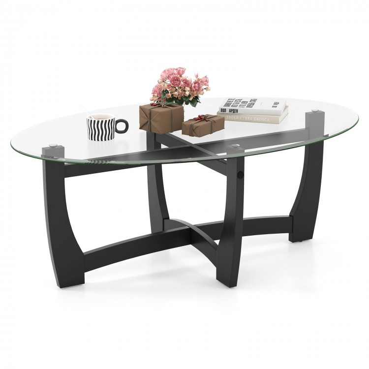 Oval coffee table with tempered glass top and rubber wood legs, featuring an X-shaped base for versatile living room.