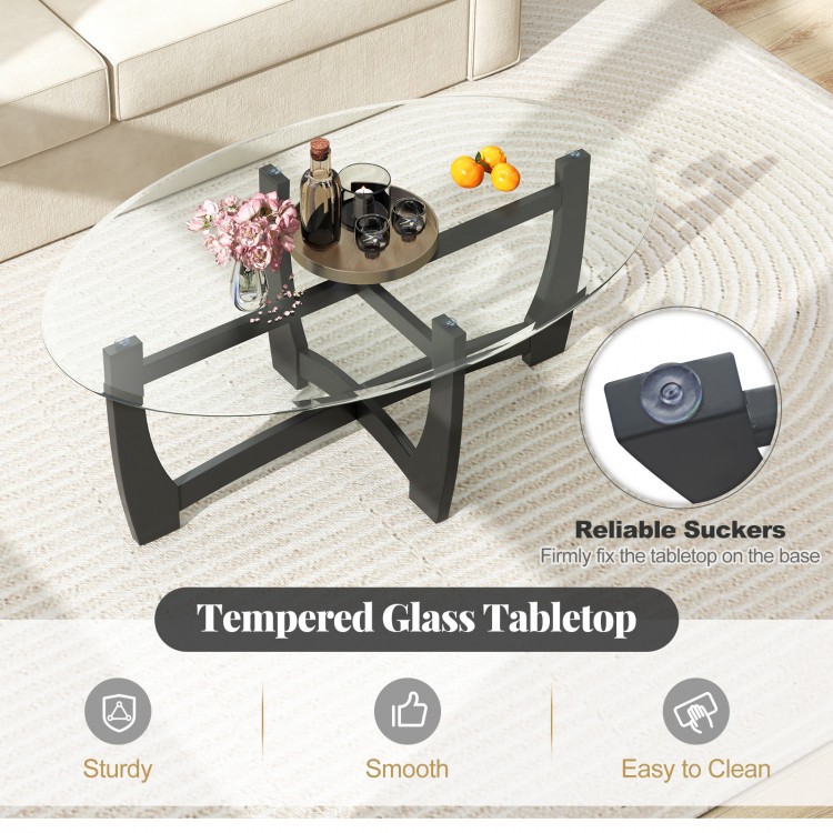 Oval coffee table with a sturdy tempered glass tabletop and rubber wood legs, ideal for living room or study use.