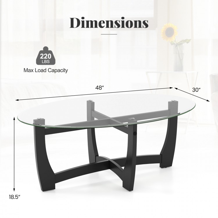 Oval coffee table with tempered glass top and rubber wood legs, featuring an X-shaped base and adjustable foot pads.