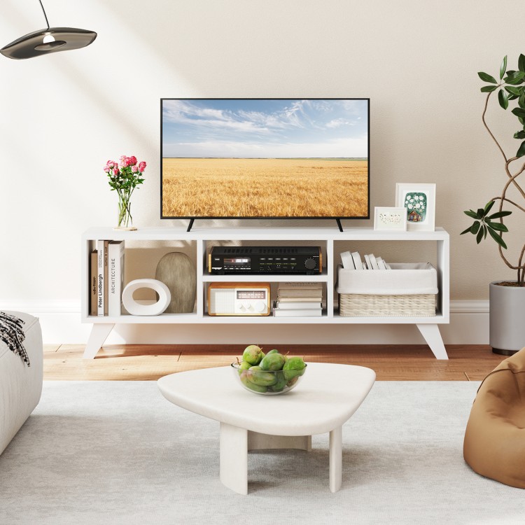 Media TV console table in white with raised support legs, featuring spacious top and open compartments for storage.