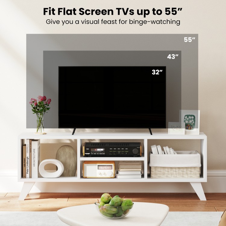 Media TV console table in white displaying flat screen TVs up to 55", featuring open compartments and raised support.