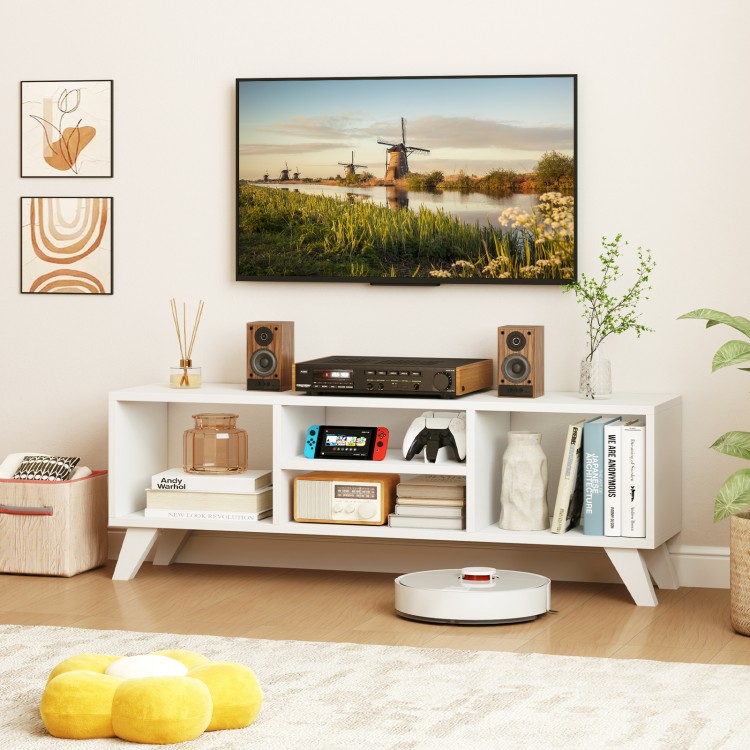 Media TV console table in white with raised support legs, featuring 4 open compartments for storage and modern style.
