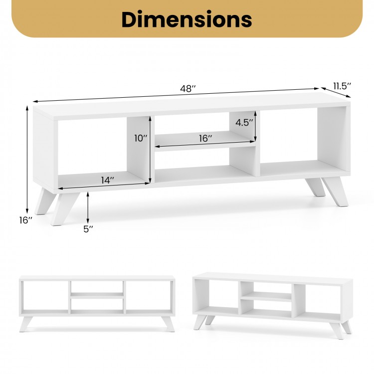 Media TV console table in white with dimensions, featuring 4 open compartments and raised support legs for stability.