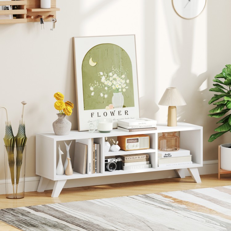 Media TV console table in white with raised support legs, featuring open compartments for storage and modern design.