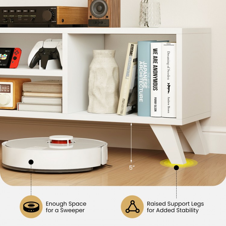 Media TV console table in white with raised support legs, featuring 5" clearance for a sweeper and spacious.