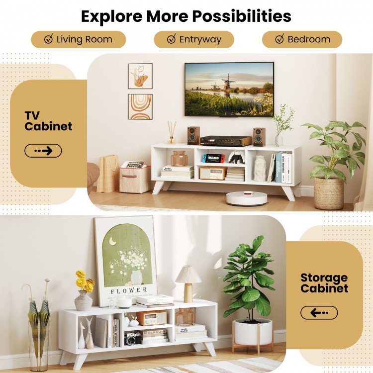 White media TV console table showcasing 4 open compartments and raised legs, perfect for enhancing modern living spaces.