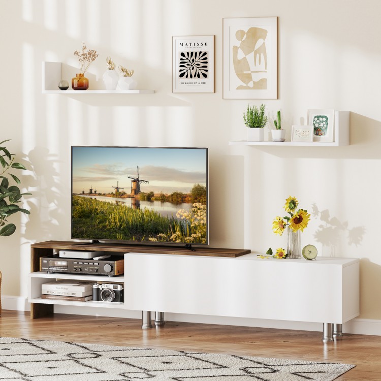 Farmhouse TV stand in white for TVs up to 80 inches, featuring open compartments and a flip-over cabinet for storage.