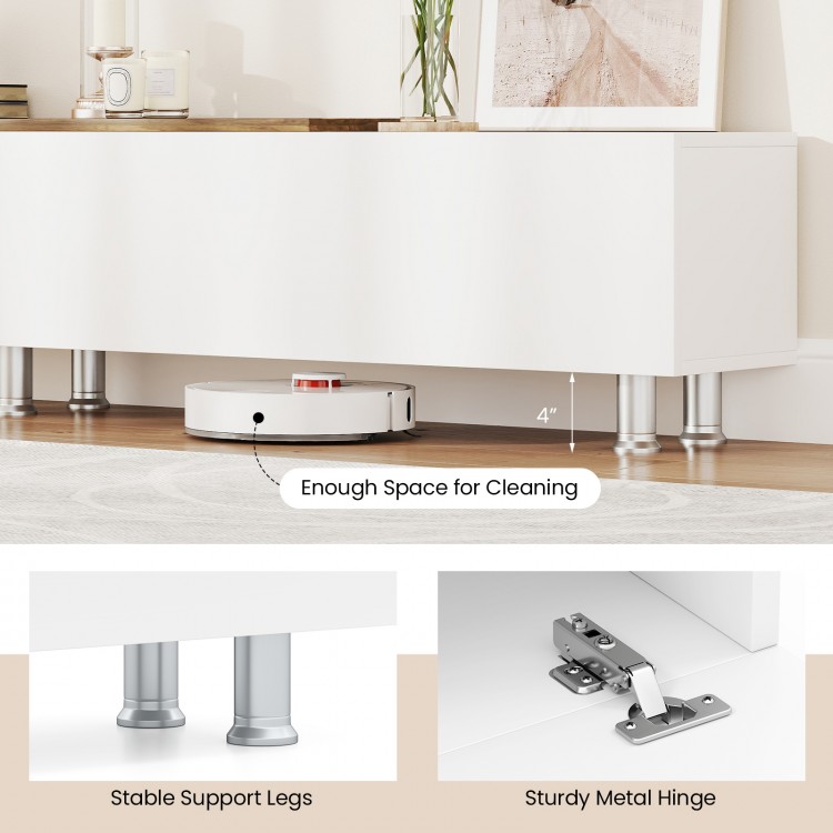 Stable support legs and sturdy metal hinge of the white farmhouse TV stand, designed for easy cleaning and organization.