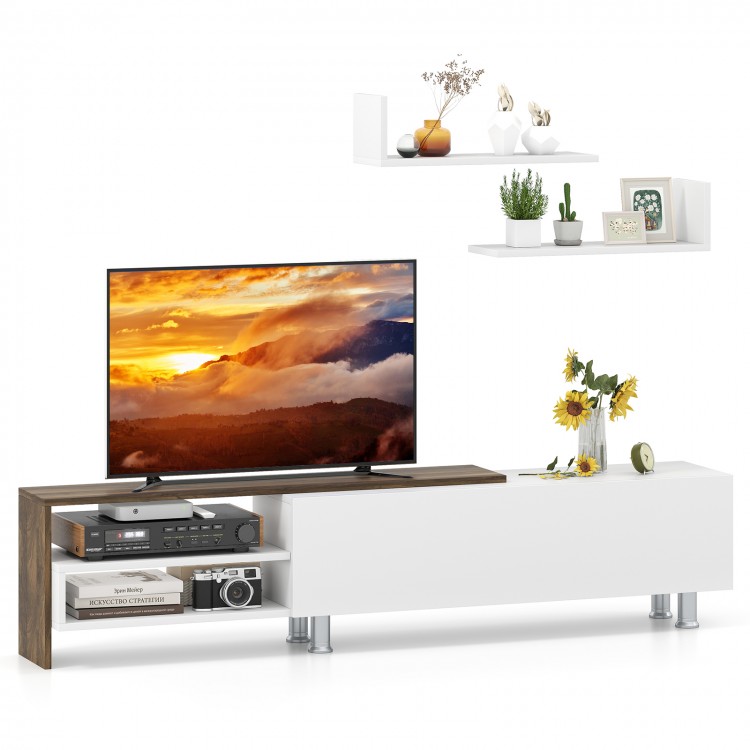 Farmhouse TV stand in white with open compartments, designed for TVs up to 80 inches, featuring floating shelves.