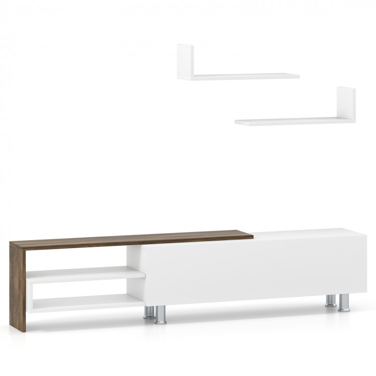 Farmhouse TV stand in white with a wood accent, featuring open compartments and floating shelves for versatile storage.
