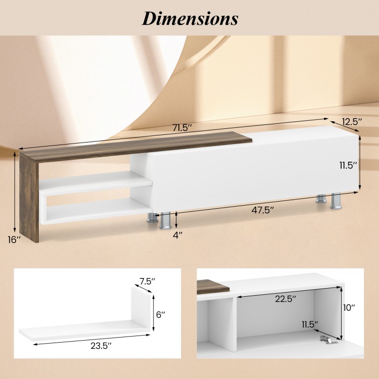 Dimensions of the 3 Pieces Farmhouse TV Stand in white, featuring a wide tabletop and open compartments for storage.