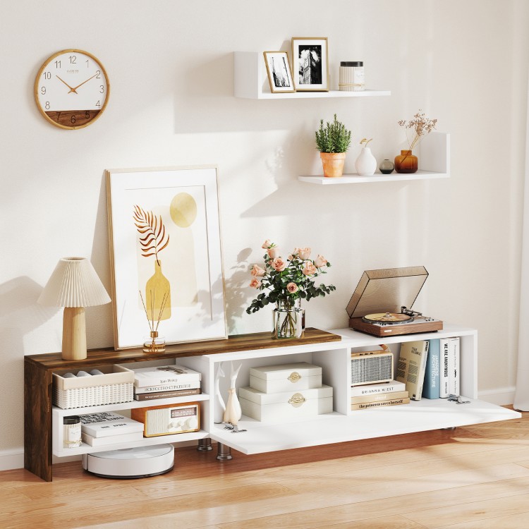 Farmhouse TV stand with open compartments, white finish, and floating shelves, perfect for TVs up to 80 inches.