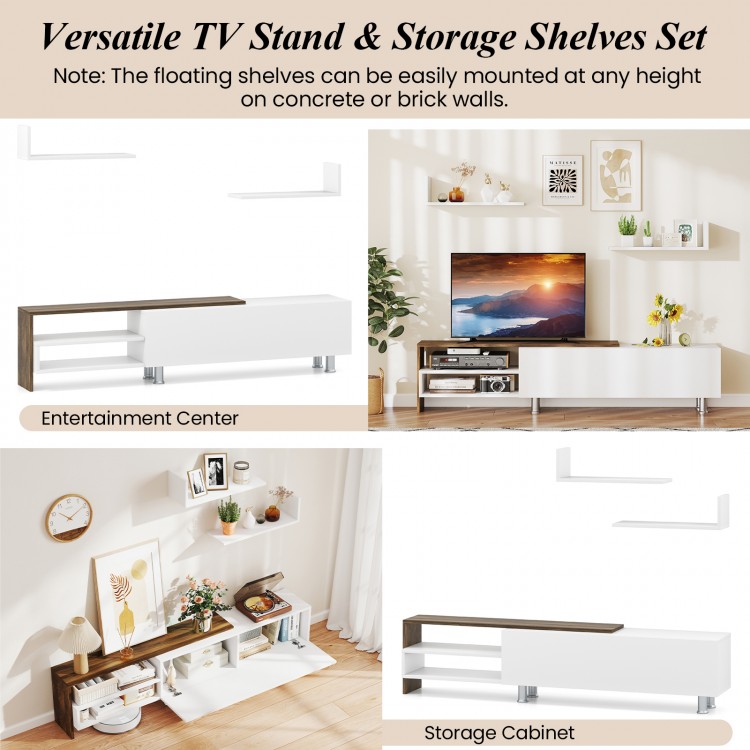 Farmhouse TV stand with white finish, open compartments, and floating shelves for versatile storage and organization.