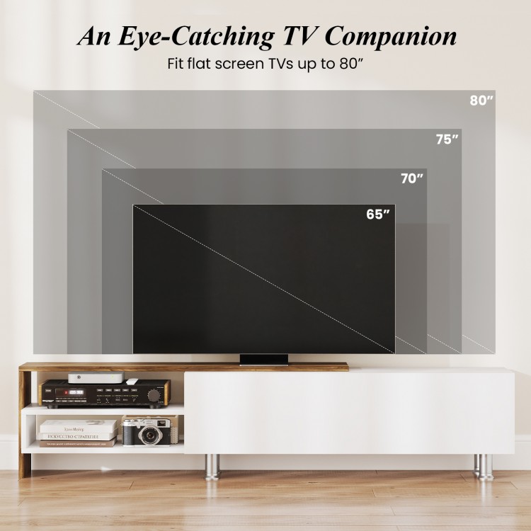 Farmhouse TV stand for TVs up to 80 inches, featuring a wide tabletop and open compartments for versatile storage.