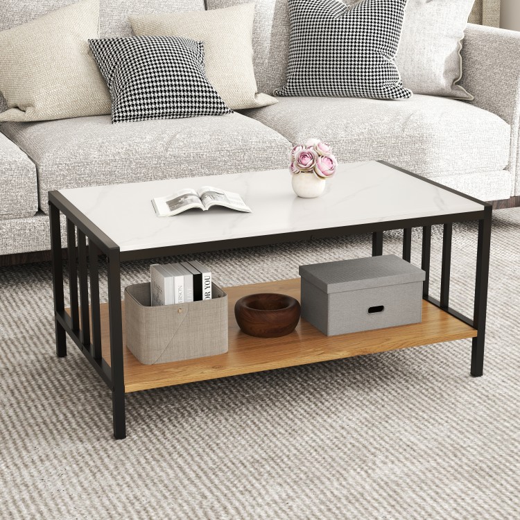 2 Tier coffee table with white sintered stone tabletop and metal frame, featuring dual-layer storage for organized.