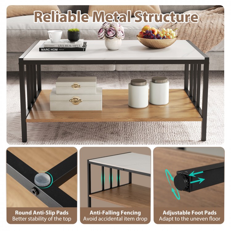 2 Tier coffee table with sintered stone tabletop in white, featuring a reliable metal structure and dual-layer storage.