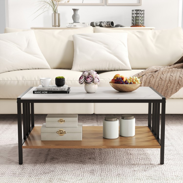 2 Tier coffee table with sintered stone tabletop in white, featuring dual-layer storage and a faux marble texture for.