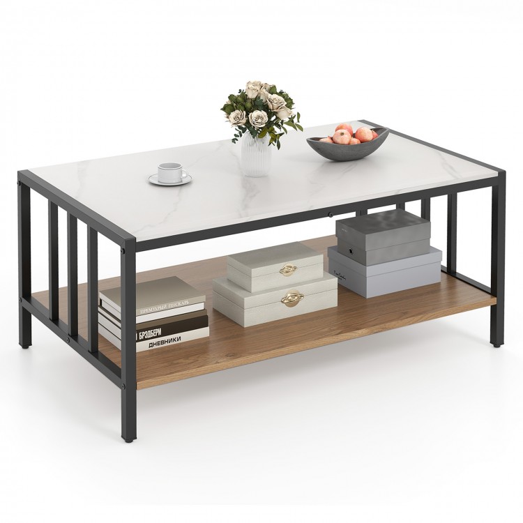 2 Tier coffee table with white sintered stone tabletop and wooden shelf, ideal for organized living in any room.