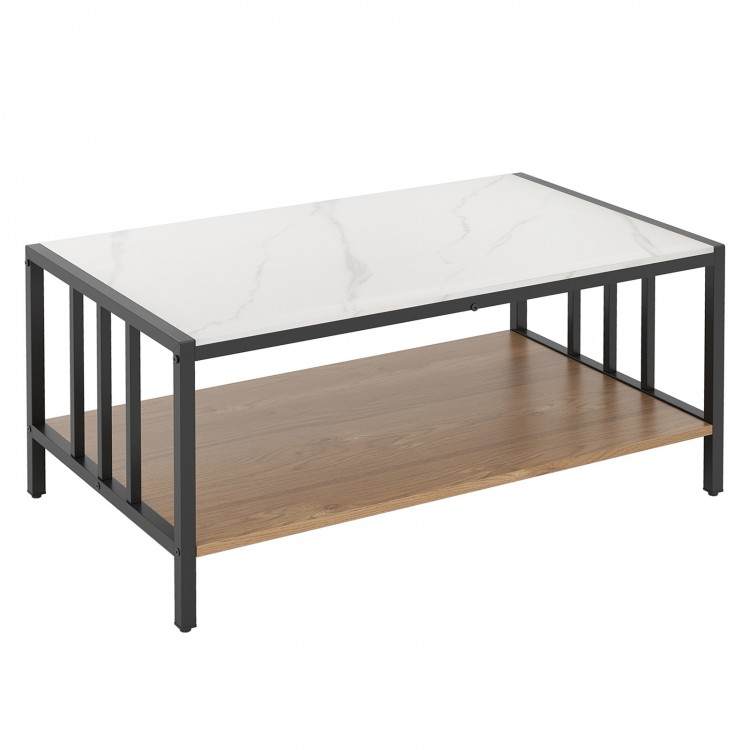 2 Tier coffee table with a white sintered stone tabletop and wooden shelf, perfect for living room organization.