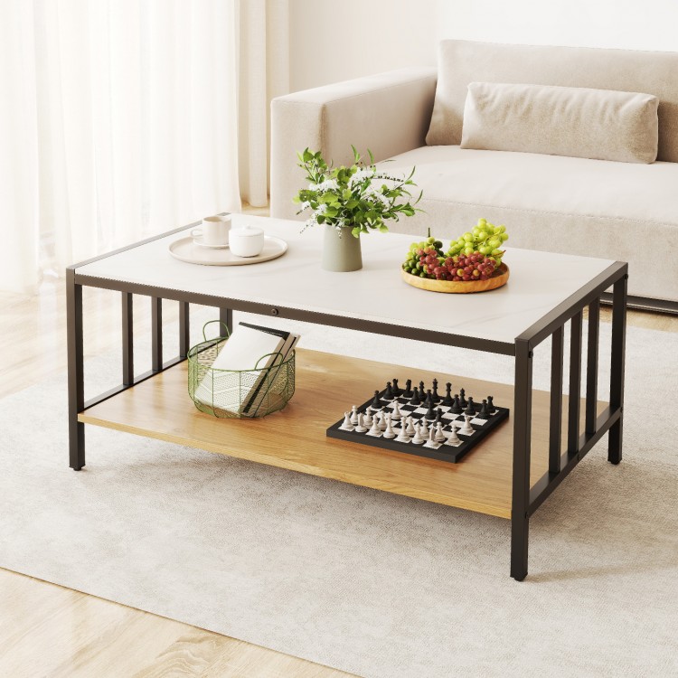 2 Tier coffee table with white sintered stone tabletop and faux marble texture, featuring dual-layer storage for.