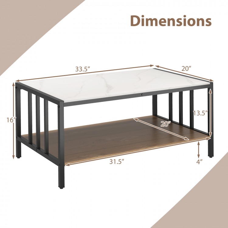 Dimensions of the 2 Tier Coffee Table with sintered stone tabletop, featuring a metal structure and dual-layer storage.