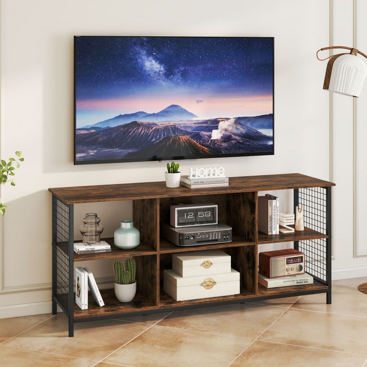 Rustic brown and black TV stand with spacious tabletop, metal mesh sides, and 6-cube storage for 65-inch TVs.