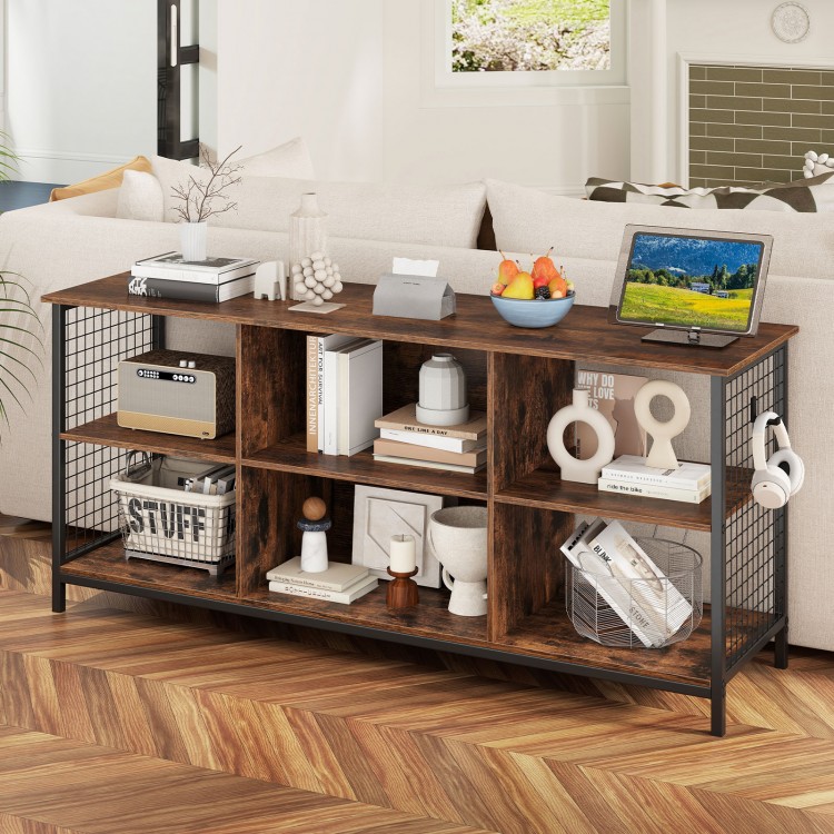 Rustic brown TV stand with black metal frame, featuring 6-cube storage and built-in charging station for 65-inch TVs.
