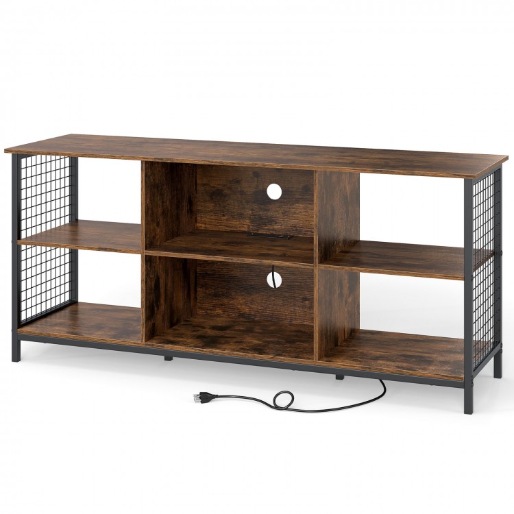 Rustic brown and black TV stand with spacious tabletop, built-in charging station, and metal mesh sides for storage.