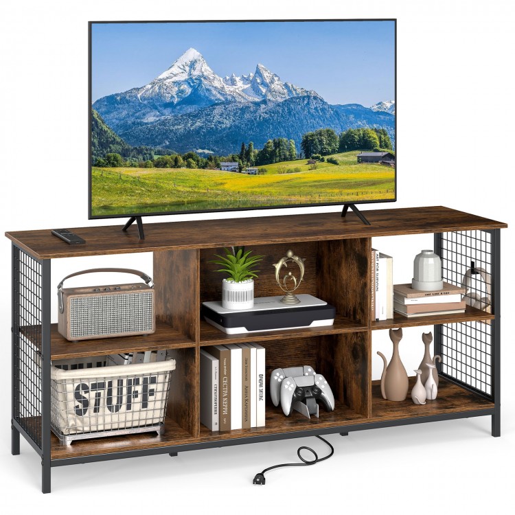 Rustic brown and black TV stand for 65-inch TVs featuring 6-cube storage and built-in charging station.