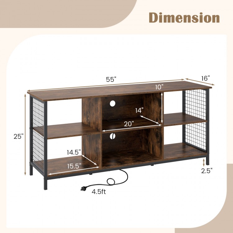 Rustic brown and black TV stand dimensions with 55" tabletop, 6-cube storage, and built-in charging station.
