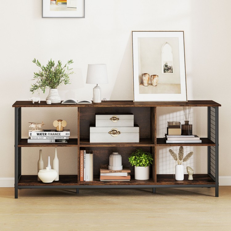 Rustic brown and black TV stand with spacious tabletop, metal mesh sides, and 6-cube storage for organization.