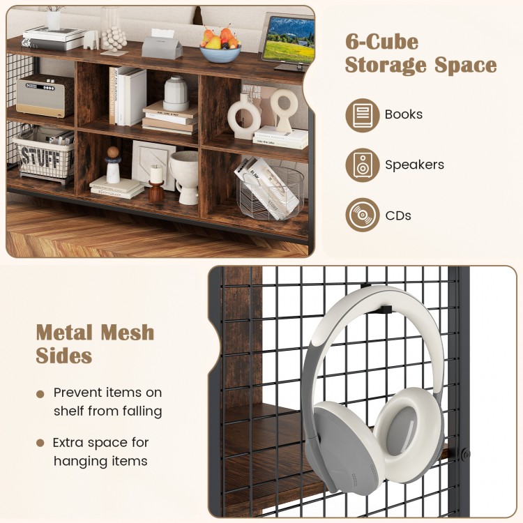 TV stand with rustic brown and black finish, featuring 6-cube storage space and metal mesh sides for hanging items.