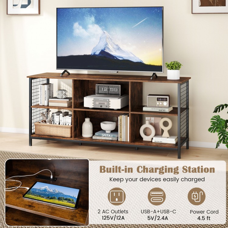 Rustic brown TV stand for 65-inch TVs with built-in charging station, 6-cube storage, and metal mesh sides for.