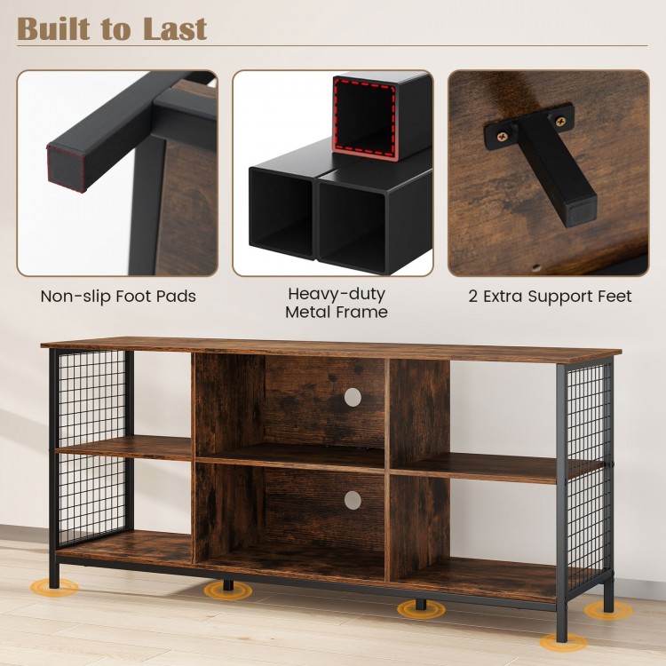 Rustic brown and black TV stand with heavy-duty metal frame, non-slip foot pads, and 6-cube storage for organization.
