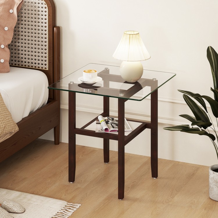 Square 24-inch brown coffee table with tempered glass top and storage shelf, perfect for versatile home use.