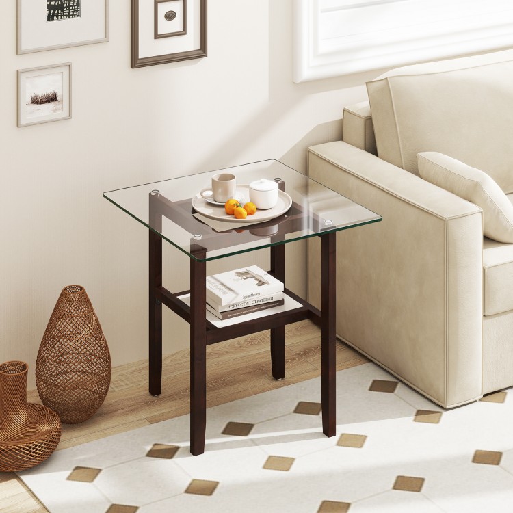 Minimalist 24-inch coffee table with a clear tempered glass top and brown rubber wood frame, perfect for modern living.