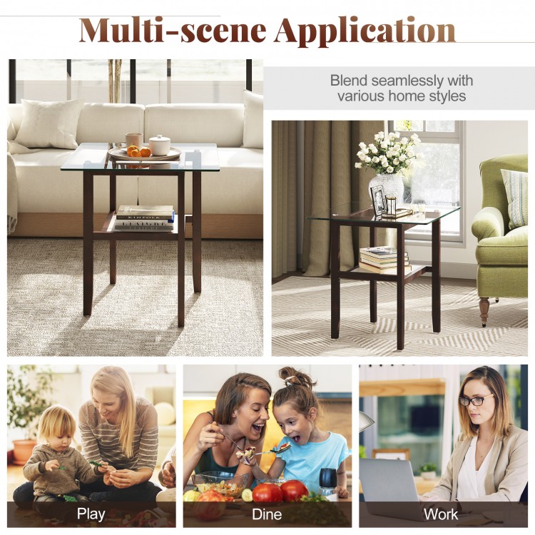 24-inch square glass coffee table with brown rubber wood legs, featuring a storage shelf for versatile use in any.