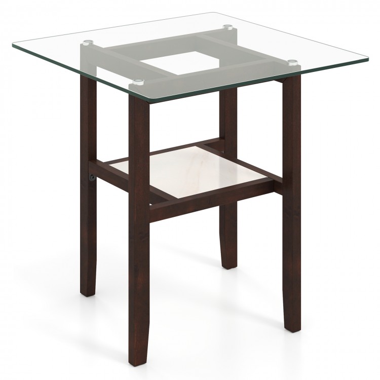 Square 24-inch coffee table with a tempered glass top and brown rubber wood legs, featuring a storage shelf for.