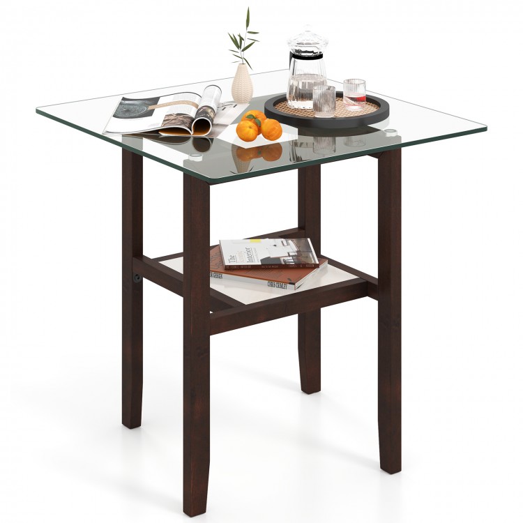 Square 24-inch brown coffee table with tempered glass top and open storage shelf, perfect for versatile home use.