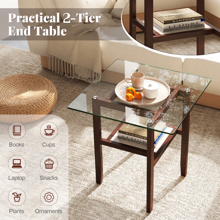 Square 24-inch glass coffee table with brown rubber wood legs and open shelf, perfect for books and snacks.