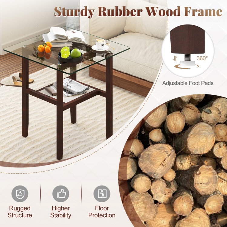 Square 24-inch coffee table with brown rubber wood frame and tempered glass top, featuring a storage shelf for.