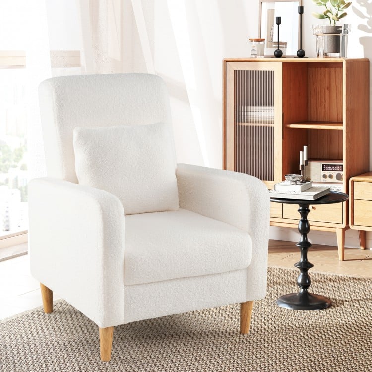 Modern upholstered sofa chair in white with lumbar pillow, teddy fleece cover, and solid rubber wood legs for comfort.