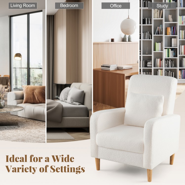 Modern upholstered sofa chair in white with teddy fleece cover, ideal for living rooms, bedrooms, or offices.