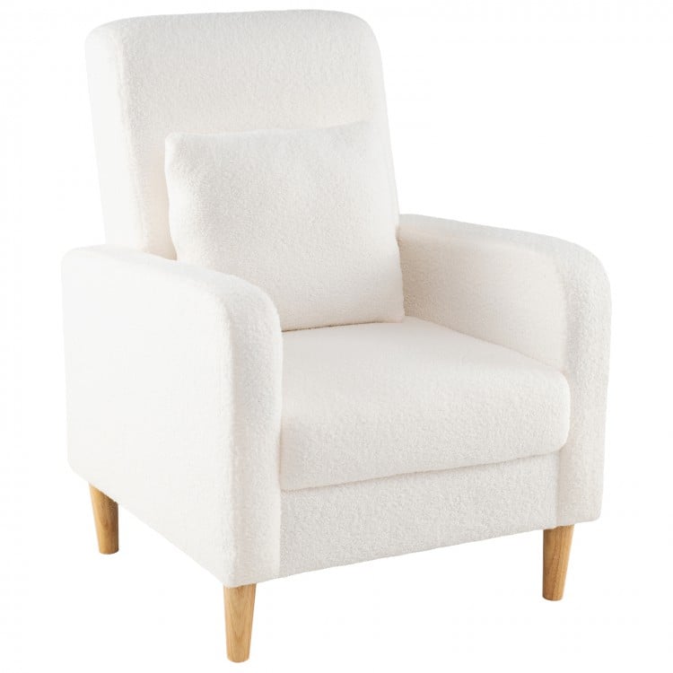Modern upholstered sofa chair in white with teddy fleece cover and removable lumbar pillow for added comfort.