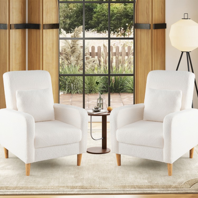 Modern upholstered sofa chairs with lumbar pillows and teddy fleece cover in white, perfect for living rooms or offices.