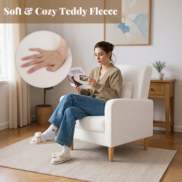 Modern upholstered sofa chair in white with teddy fleece cover and lumbar pillow, perfect for cozy living spaces.